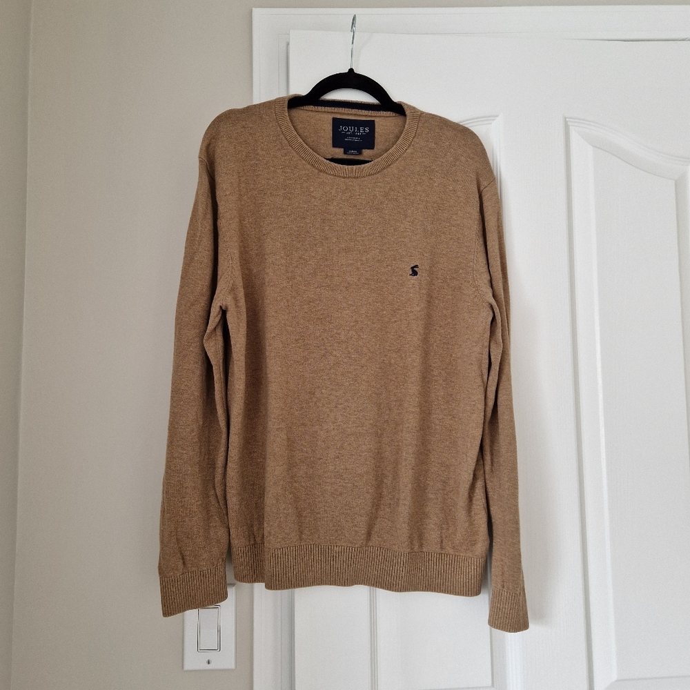 Joules Tan Crewneck Sweater with Ribbed Cuffs and Hem
